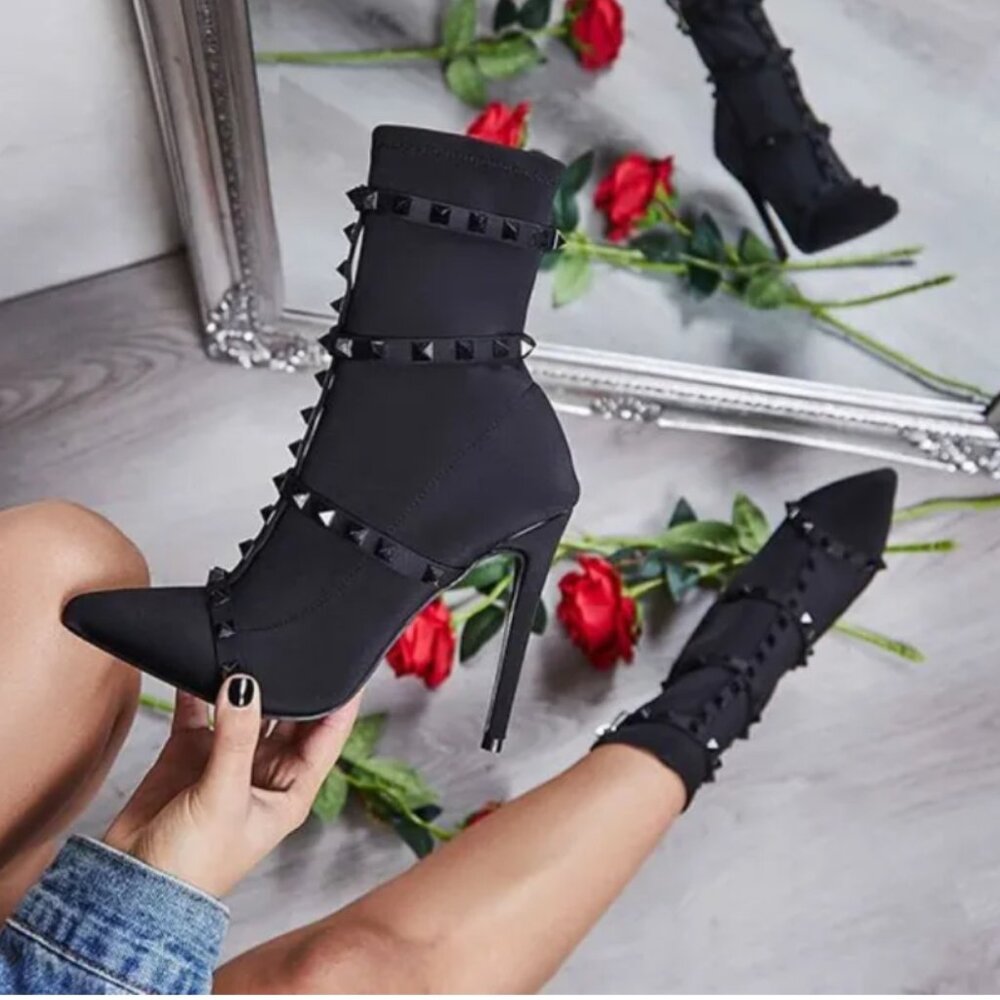 Women's Black Satin High Heel Boots with Rivets
